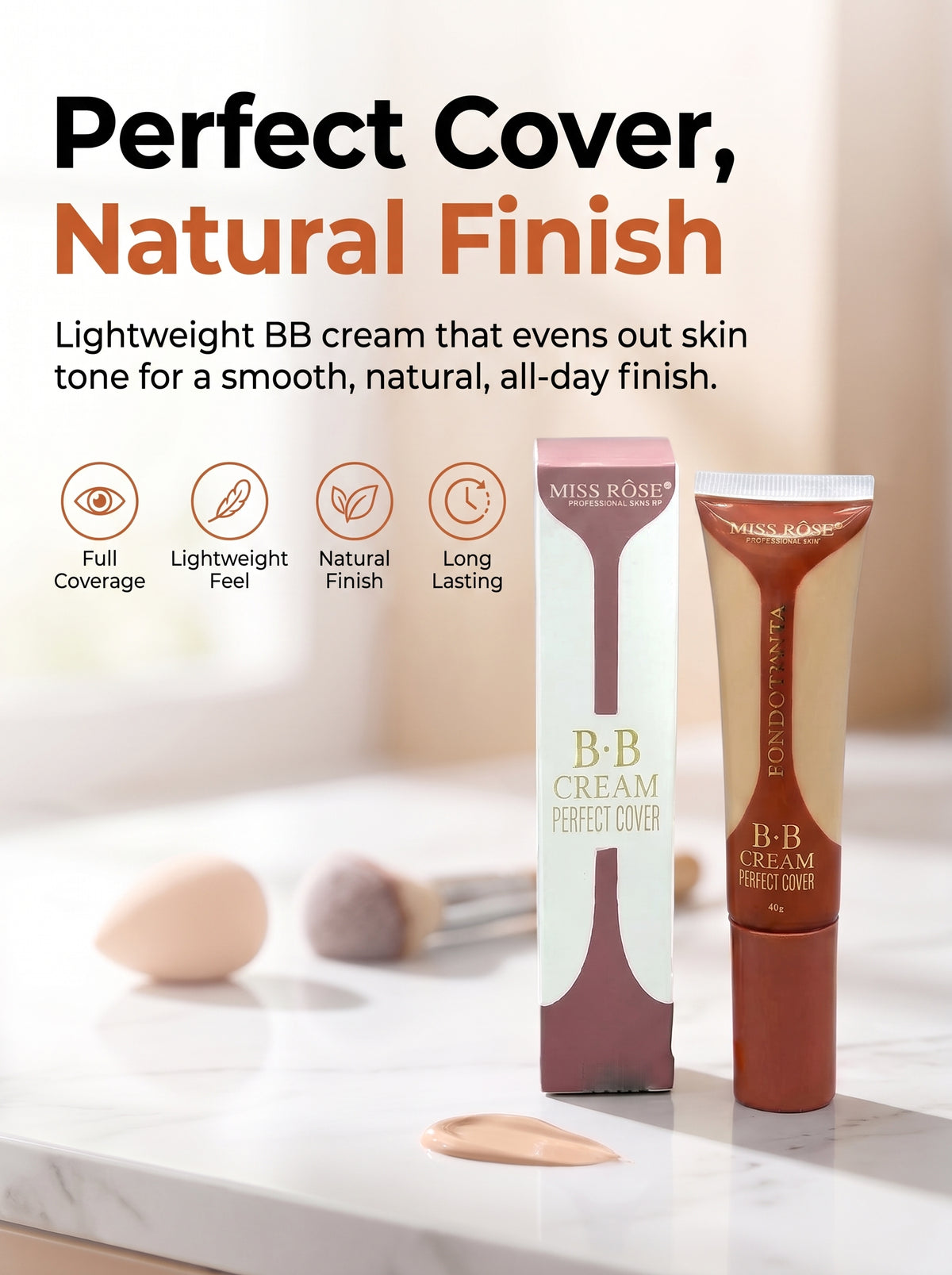 Miss Rose BB Cream Perfect Cover – Full Coverage Foundation & Skincare, 40g