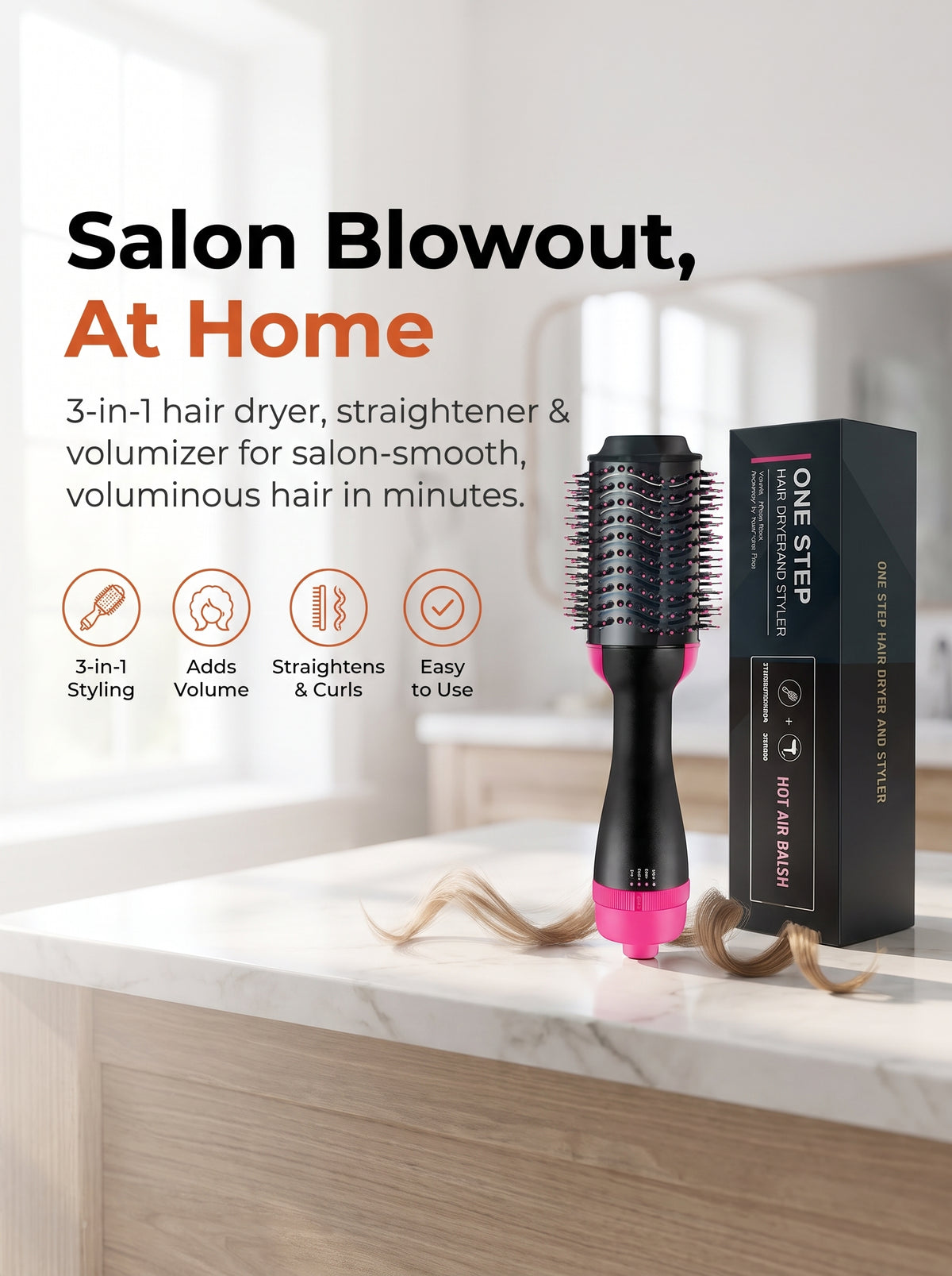One Step 3-in-1 Hot Air Brush – Dryer, Straightener & Curler in One