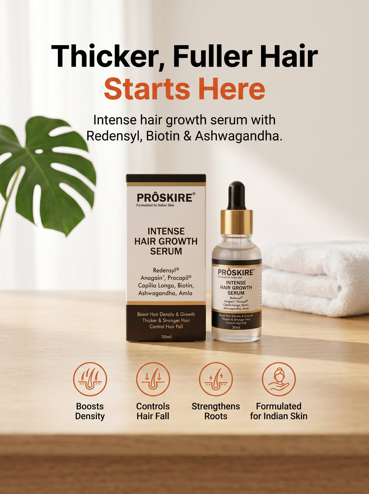 Proskire Intense Hair Growth Serum – With Redensyl, Anagain, Procapil, Biotin & Ashwagandha, 30ML