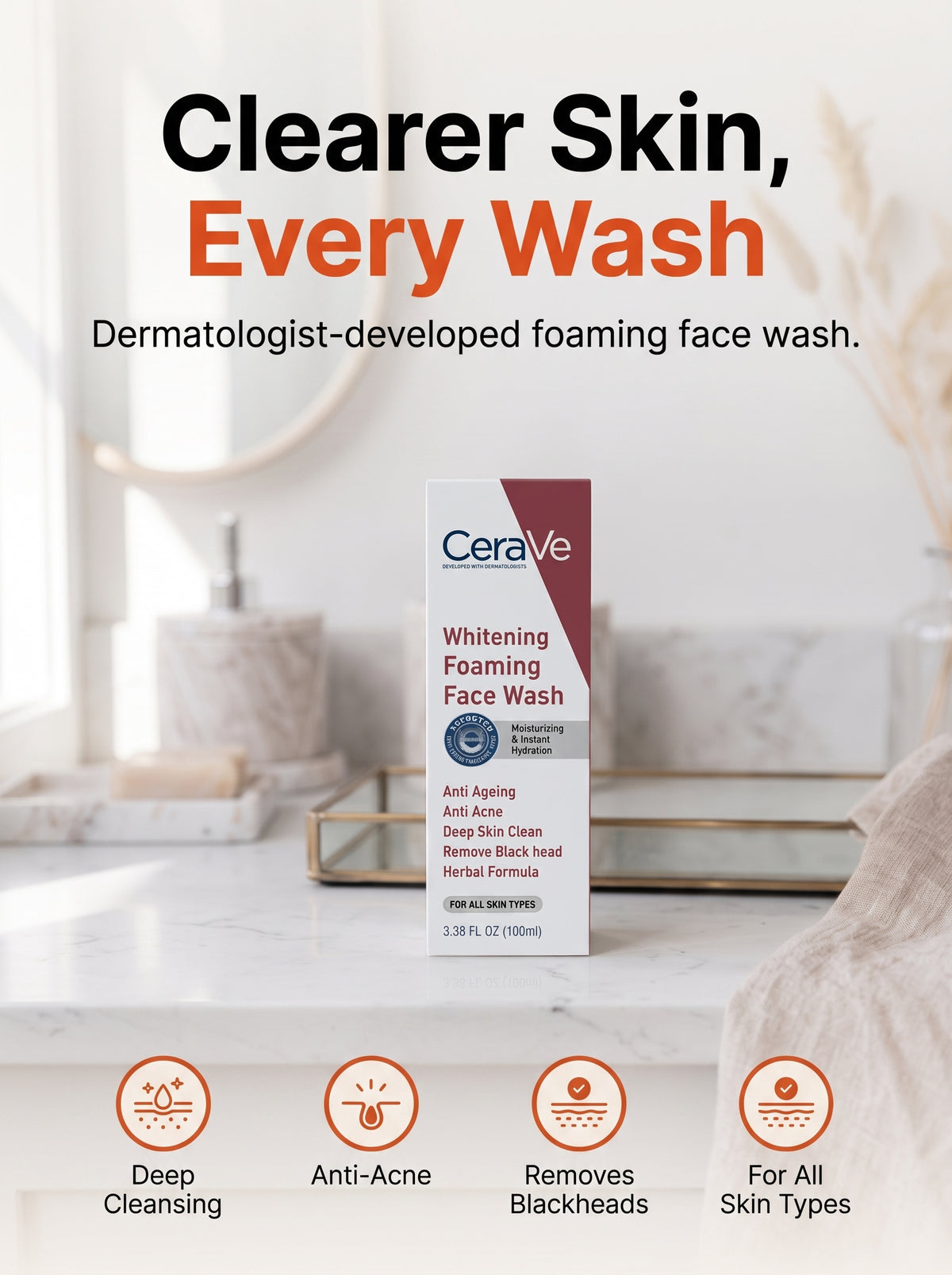 CeraVe Whitening Foaming Face Wash – With Ceramides, Anti-Acne & Deep Cleansing, 100ML