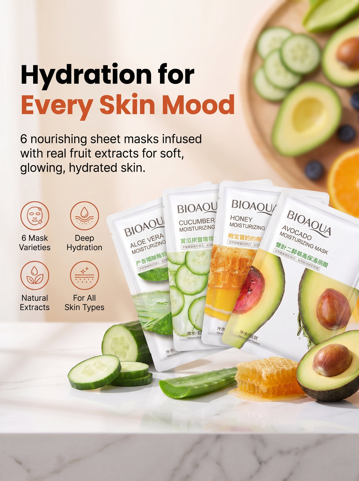 BIOAQUA Whitening & Moisturizing Face Sheet Mask Set – 8 Variants, Hydration & Glow
