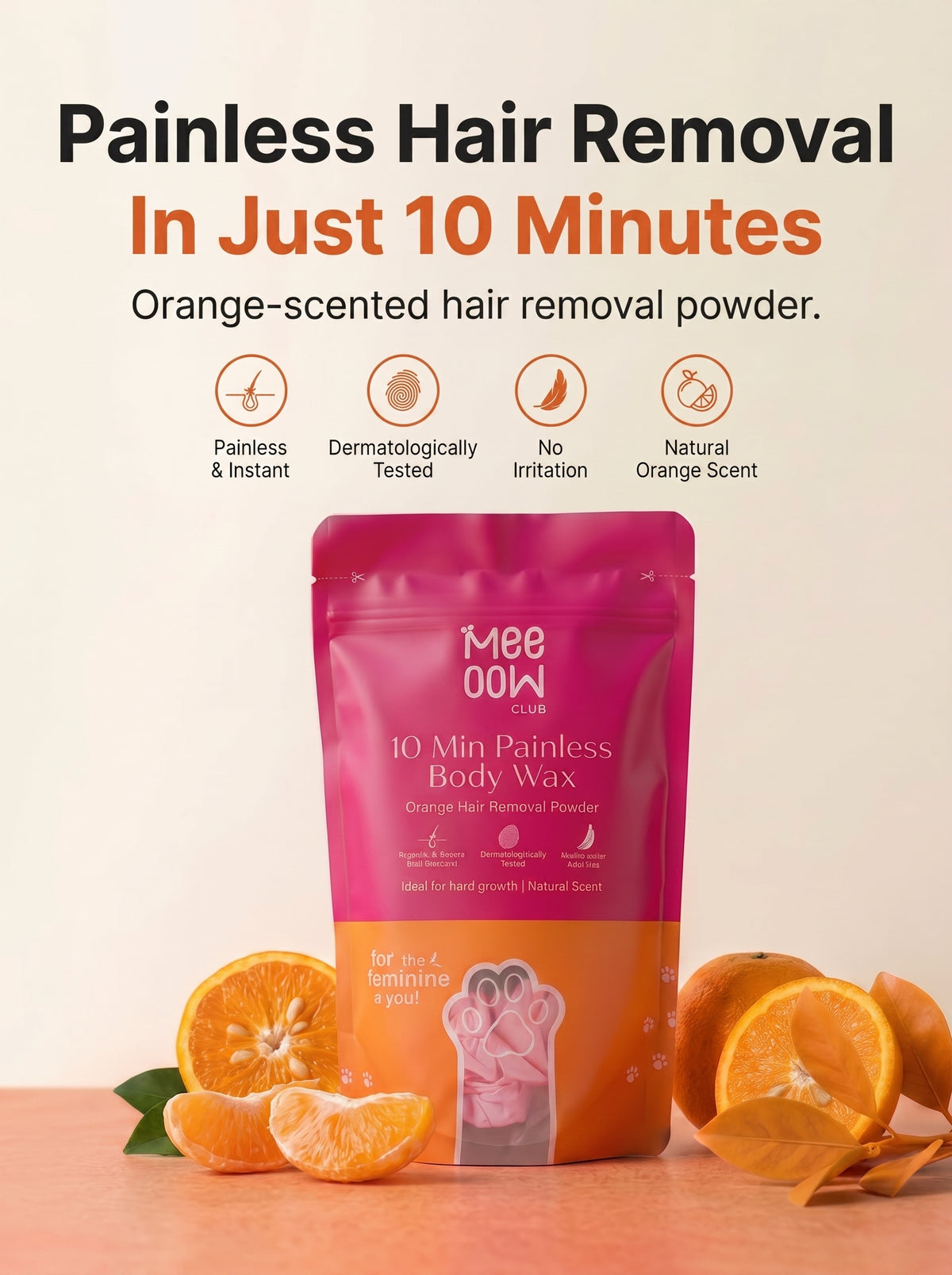 Meeoow Club 10 Min Painless Body Wax – Orange Hair Removal Powder for Women