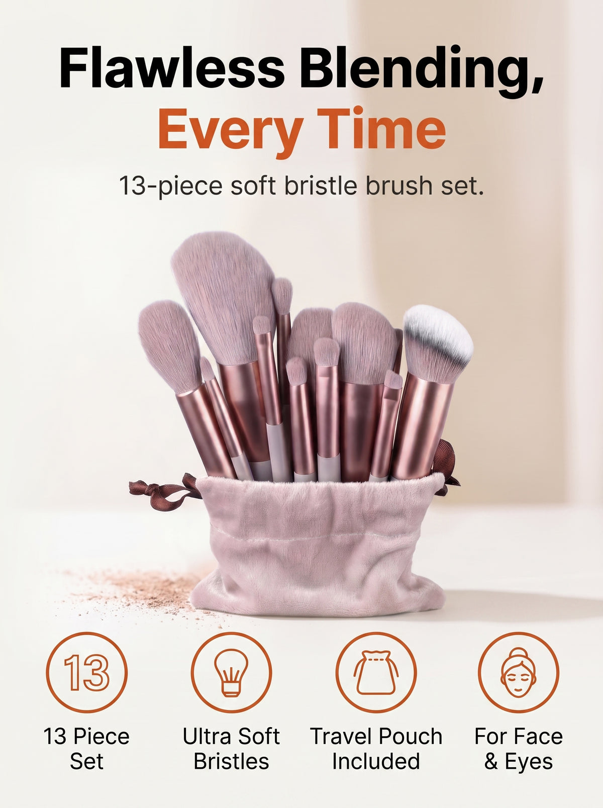 13-Piece Makeup Brush Set with Storage Pouch – Soft Bristles for Foundation, Powder & Contouring