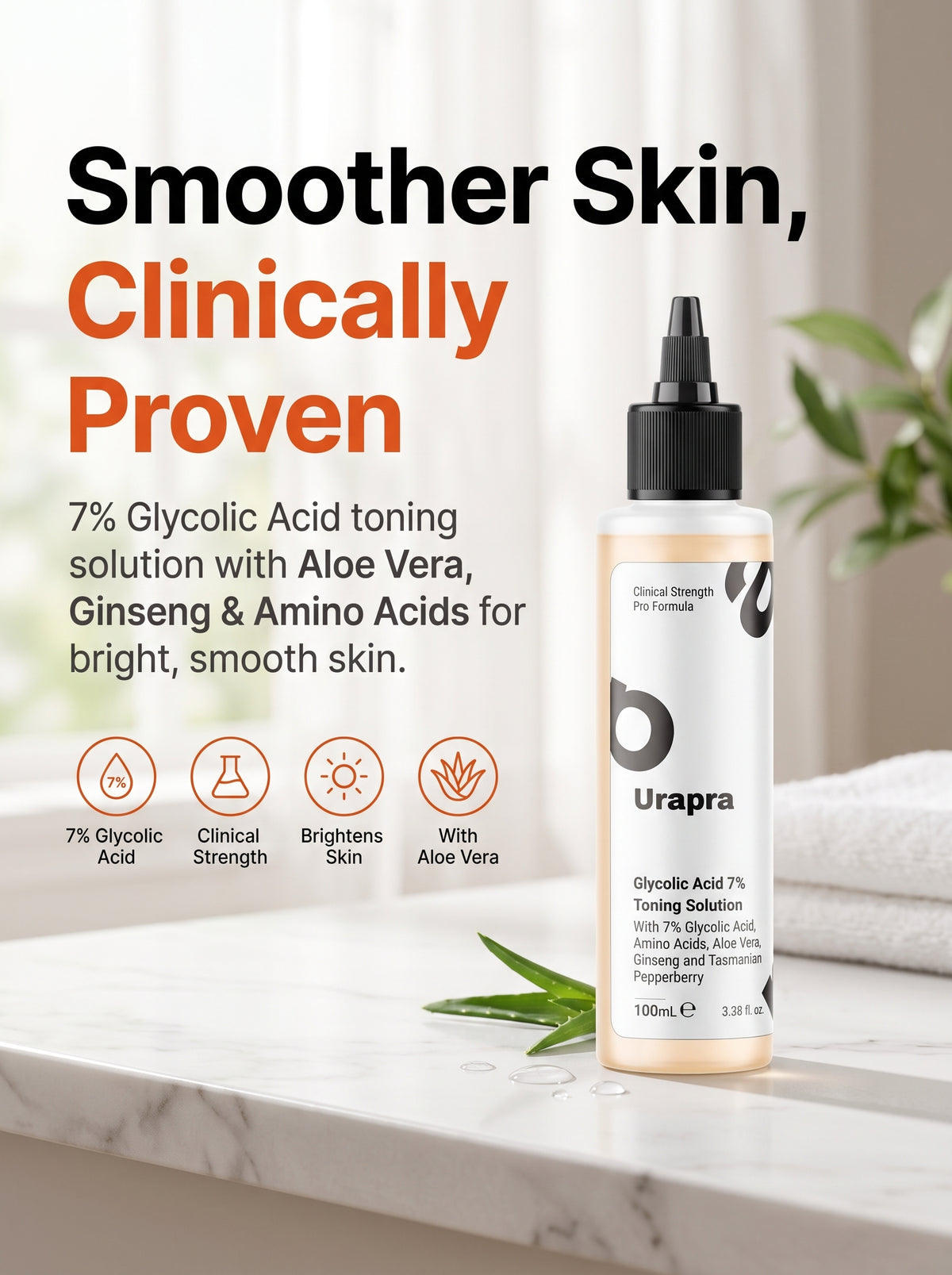 Urapra Glycolic Acid 7% Toning Solution – Clinical Strength Exfoliating Toner, 100ML